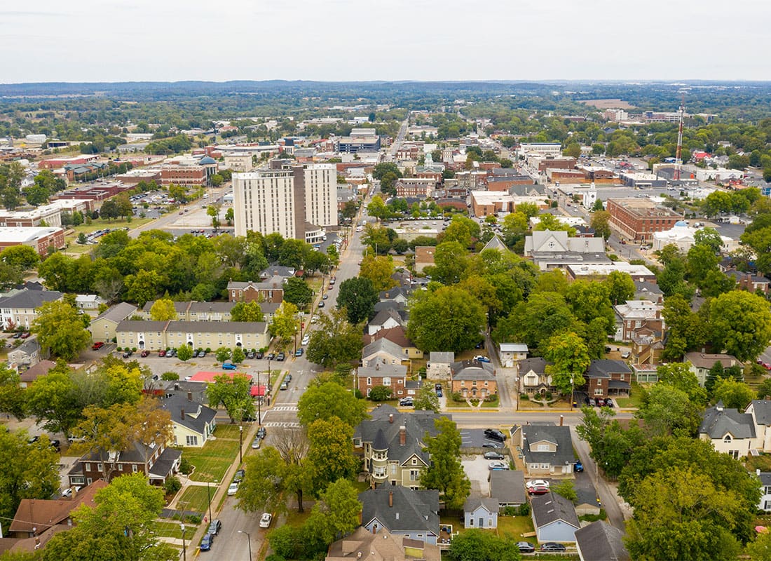 Bowling Green, KY - Overcast Day Aerial View Over the Urban Downtown Area of Bowling Green Kentucky